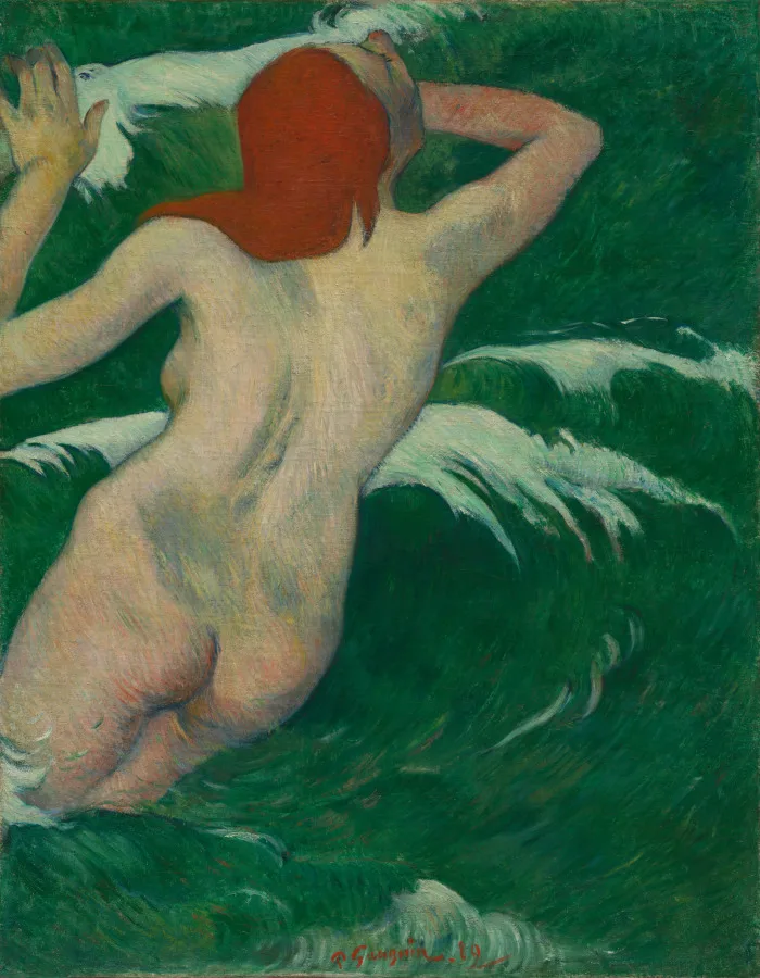 Paul Gauguin, In the Waves, 1889, oil on canvas. Cleveland Museum of Art. Painted in Brittany four years before his first voyage to Tahiti, with the flat color and hard contour already in place.