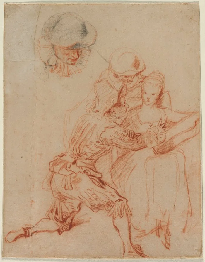 Jean-Antoine Watteau, Study for The Romancer, around 1716, red chalk with red and black chalk. Cleveland Museum of Art. Watteau made sheets of studies for his own use, and collectors later priced them as finished works.
