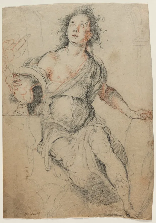 Bernardo Strozzi, Allegorical Figure, around 1635, black chalk with red chalk. Cleveland Museum of Art. Drawings have always been priced below paintings by the same hand, for reasons that have little to do with how good they are.
