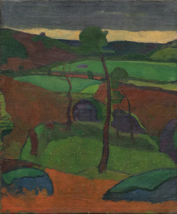 Jan Verkade, Breton Landscape, painted around 1891, oil on canvas. Cleveland Museum of Art. Verkade worked at Pont-Aven among the painters who had taken up Gauguin's flat color and heavy outline.