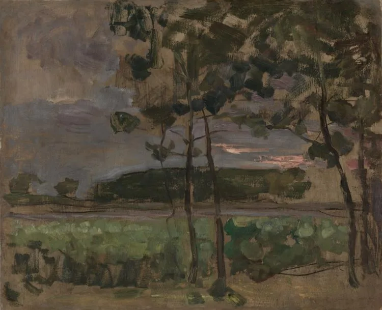 Piet Mondrian, Field with Young Trees in the Foreground, around 1907, oil on paper laid on board. Cleveland Museum of Art. The generation that came next started from where the impressionists had left the surface.