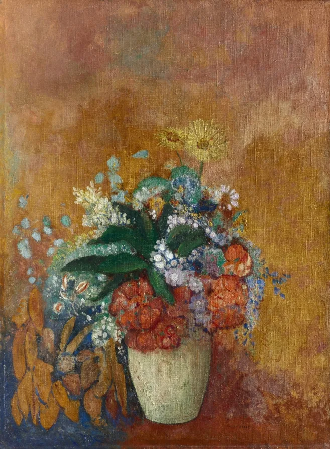 Odilon Redon, Vase of Flowers, around 1905, oil on fabric. Cleveland Museum of Art. Redon was among the painters Vollard published and promoted in the same years he first showed Picasso.