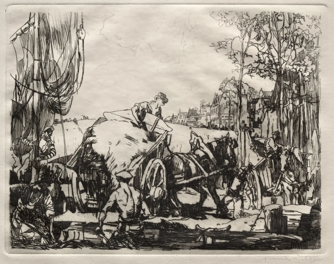 Frank Wilcox, On the Quay, around 1919, etching. Cleveland Museum of Art. An architectural subject reduced to line, which is close to how Mackintosh drew a building before he built it.