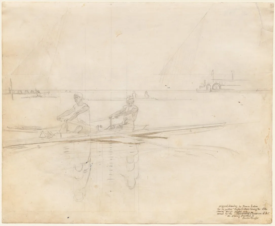 Thomas Eakins, The Biglin Brothers Turning the Stake, 1873, graphite and brush and brown wash. Cleveland Museum of Art. Working drawings made before the painting are the part of a practice that shows how the artist actually thinks.