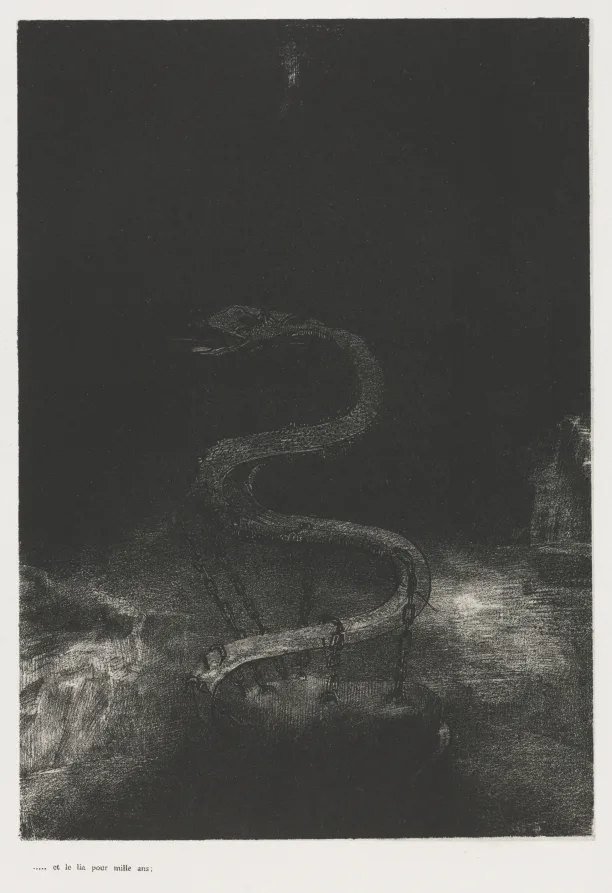 Odilon Redon, And Bound Him a Thousand Years, 1899, lithograph. Cleveland Museum of Art. Redon used the same lithographic stones as the poster trade and aimed at an entirely different buyer.