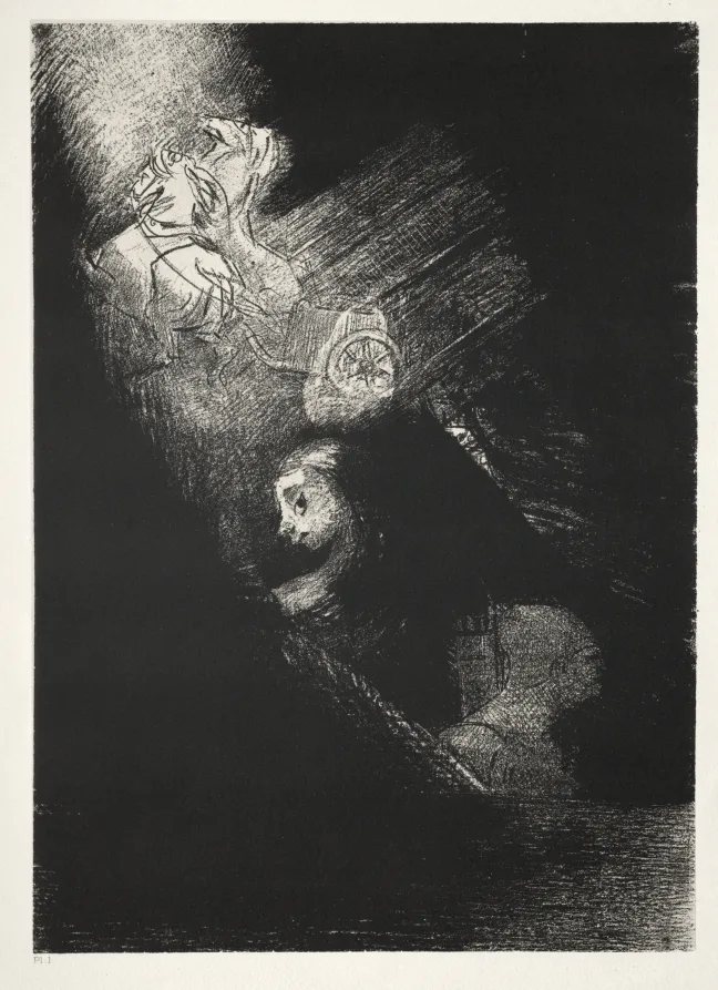 Odilon Redon, First a Pool of Water, Then a Prostitute, the Corner of a Temple, a Soldier's Face, a Chariot with Two White, Rearing Horses, 1888, lithograph. Cleveland Museum of Art.