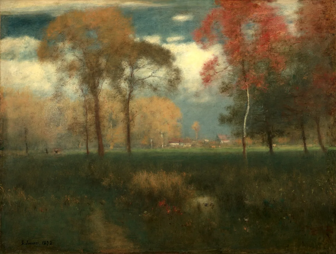 George Inness, Sunny Autumn Day, 1892, oil on canvas. Cleveland Museum of Art. Inness was working toward a similar tonal quiet in the same years, from an entirely American starting point.