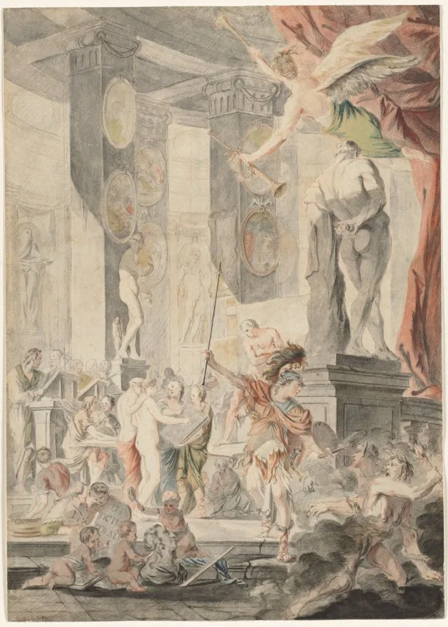 Charles-François Hutin, Ut Pictura Poesis, 1745 to 1746, gray wash, watercolour, graphite and chalk on cream laid paper. Cleveland Museum of Art. Studio sheets like this survive because somebody kept them long before the market cared.