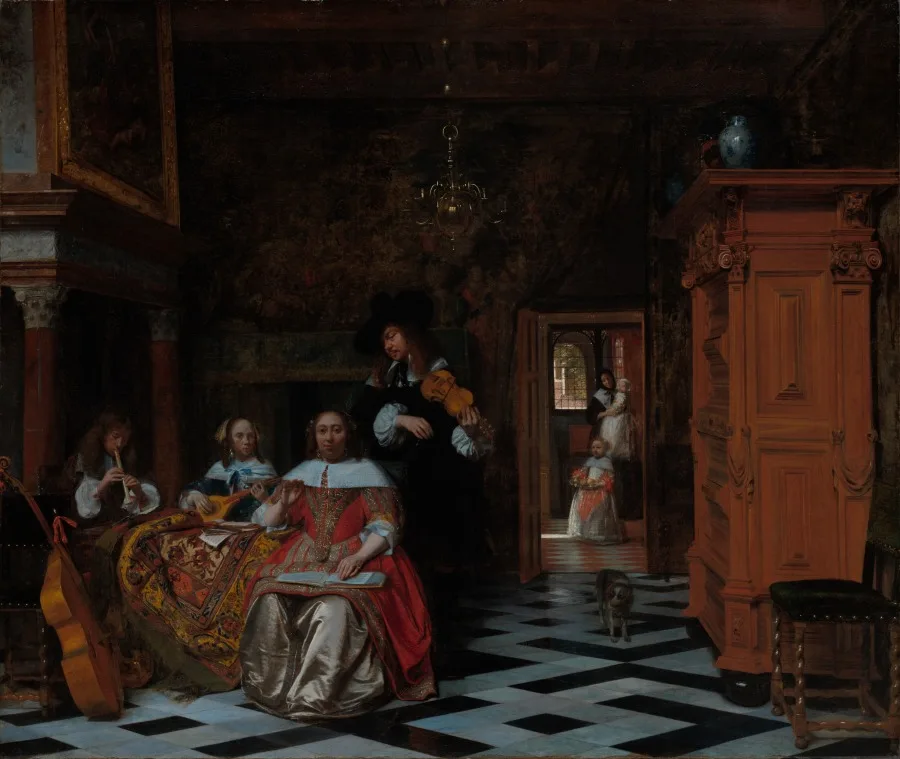 Pieter de Hooch, Portrait of a Family Playing Music, 1663, oil on canvas. Cleveland Museum of Art. De Hooch built group scenes from architecture and measured light, the opposite of the way Hals assembled a crowd from faces.