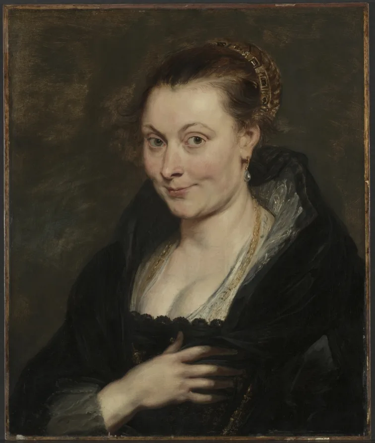 Peter Paul Rubens, Portrait of Isabella Brant, around 1620 to 1625, oil on wood. Cleveland Museum of Art. Rubens painted his first wife with the warmth and physical solidity that van Dyck later cooled down and stretched.