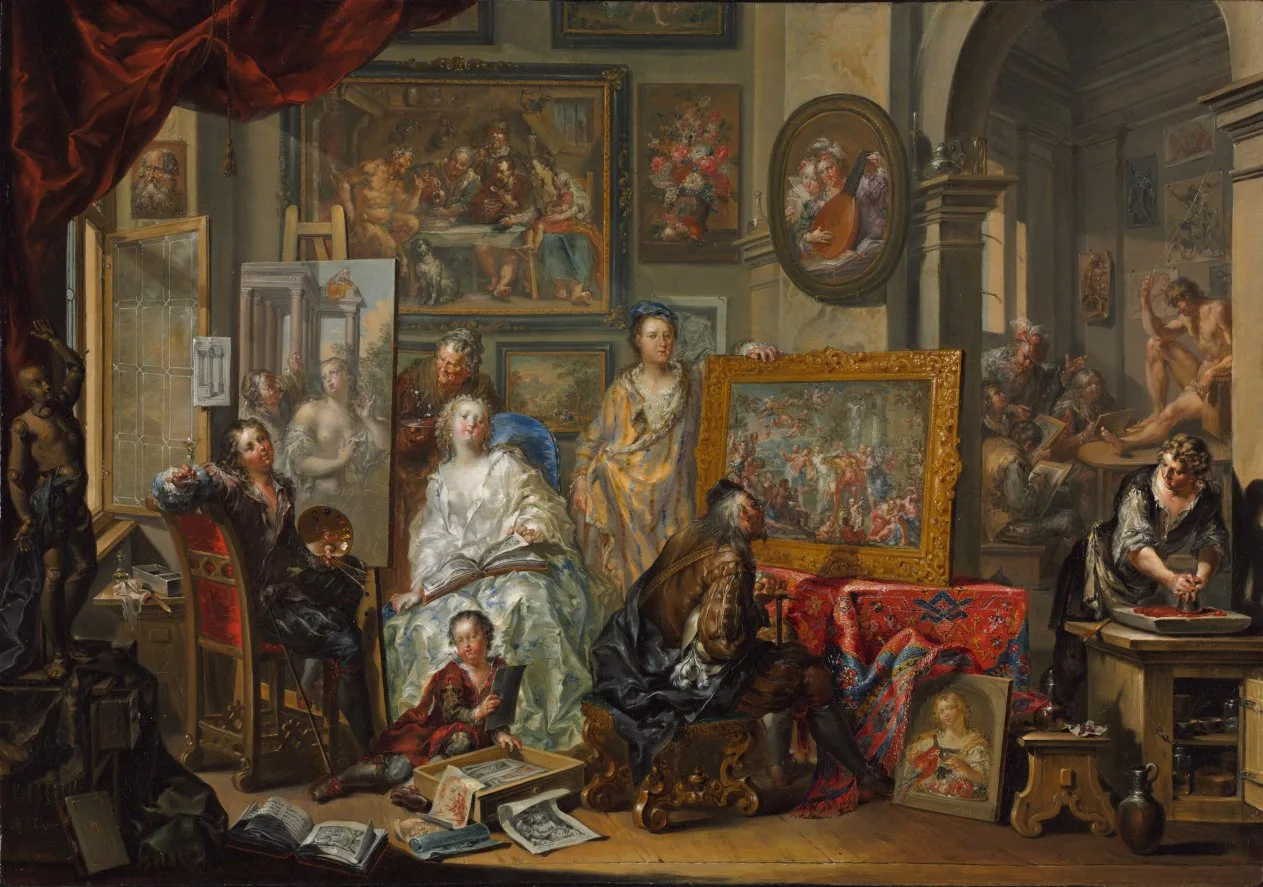 Johann Georg Platzer, The Artist Studio, 1740s to 1750s, oil on copper. Cleveland Museum of Art. A century later the studio itself had become a subject, an idea Velazquez had already pushed to its limit in Las Meninas.