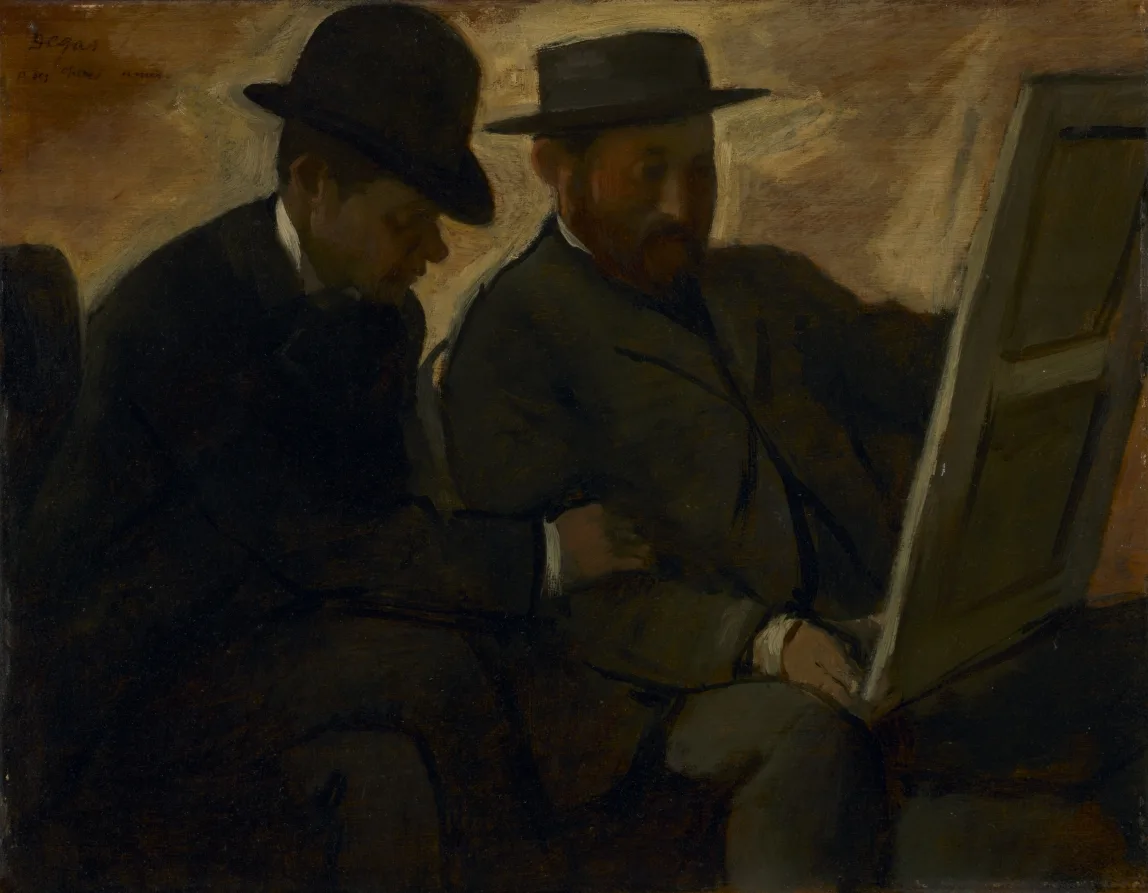 Edgar Degas, Paul Lafond and Alphonse Cherfils Examining a Painting, around 1878 to 1880, oil on wood panel. Cleveland Museum of Art. Degas painted the collectors and the trade, the professional world van Gogh had left behind in 1876.